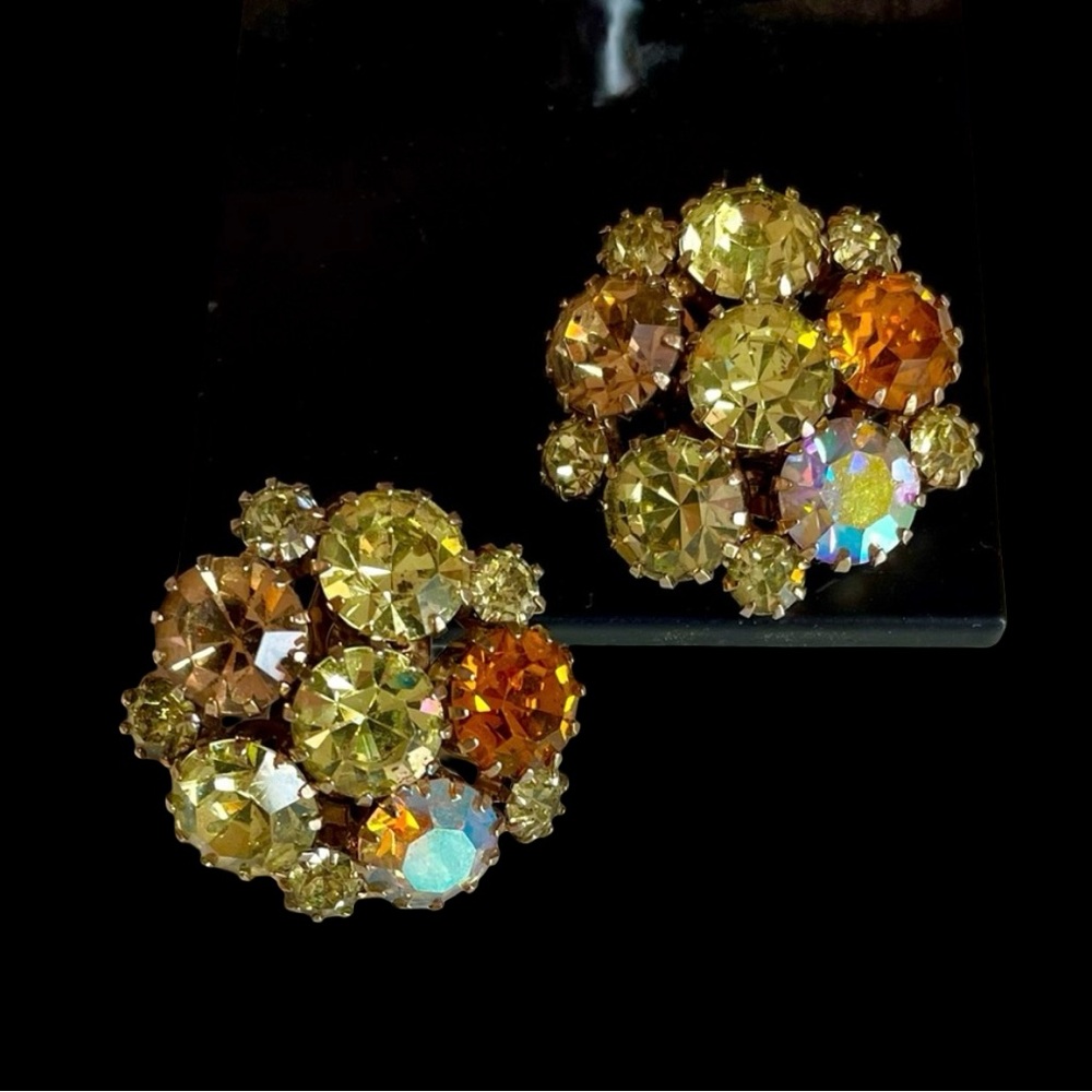 Vintage Karu Arke Inc. AB Yellow Rhinestone Clip Earrings